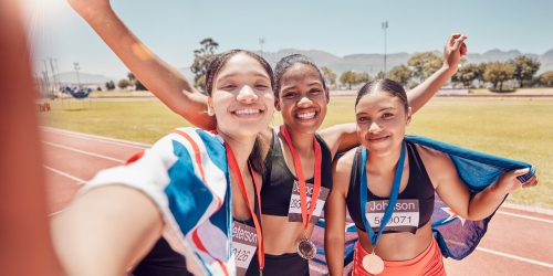 Fitness selfie, runner friends or winner sport women celebration, winning or trophy for event, race